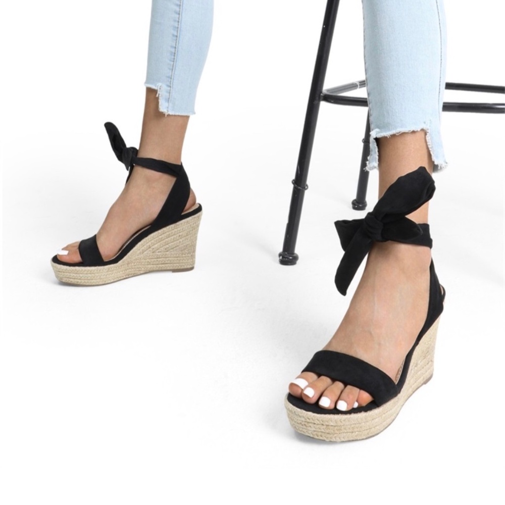Black Espadrilles Ankle ribbon Tie Lace Up Platform Wedges sz 7 high heel shoes
